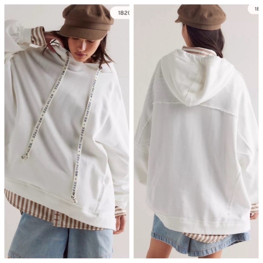 New! Free People We the free WE Cream Hoodie with logo Strings 2431